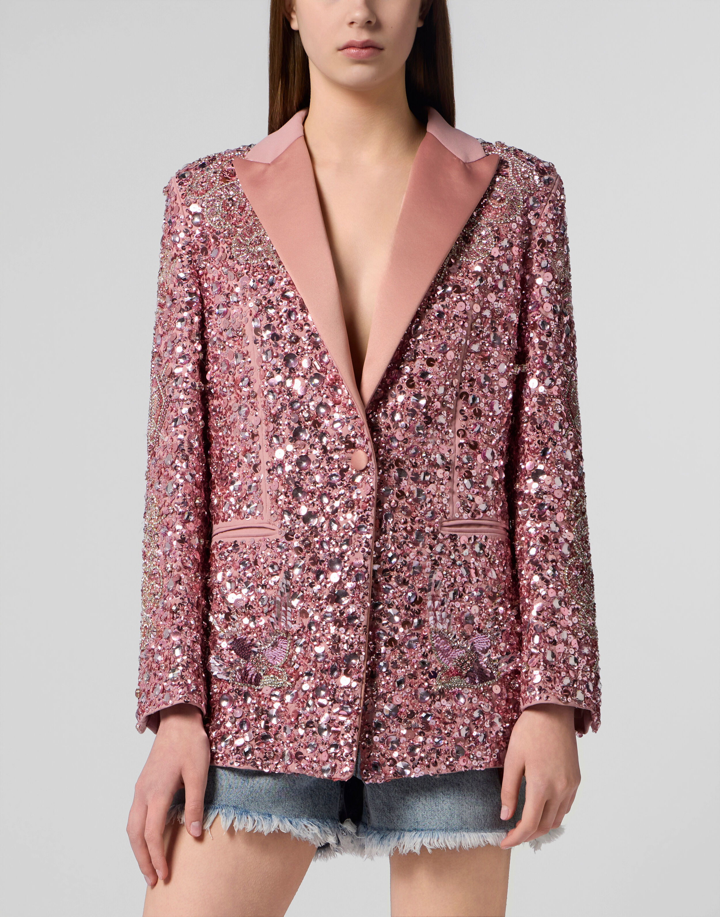 Blazer com Estilo Boyfriend com Tatuagem de Borboleta e Pailas
