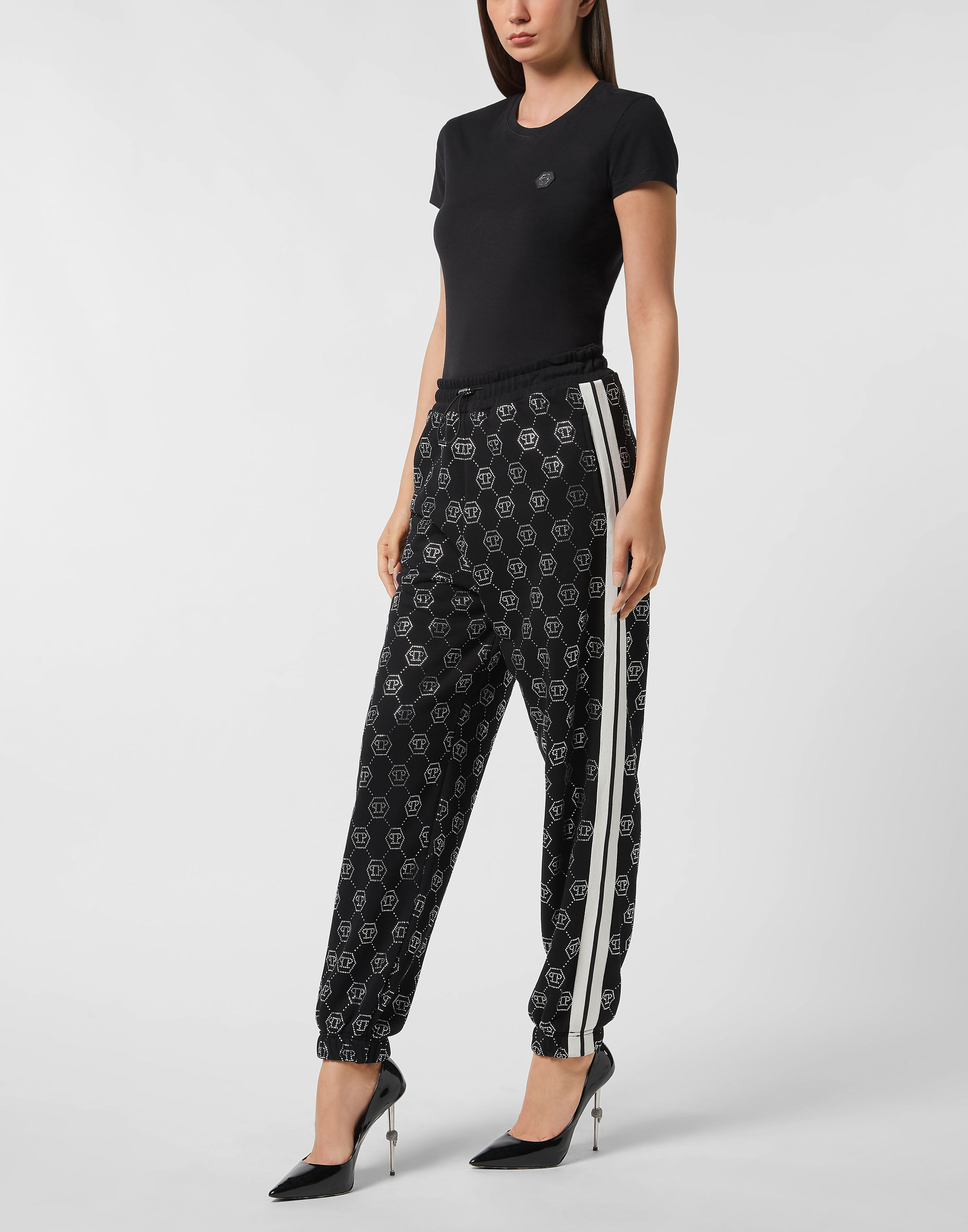 Calças de Fleece com Monograma e Strass Lavadas
